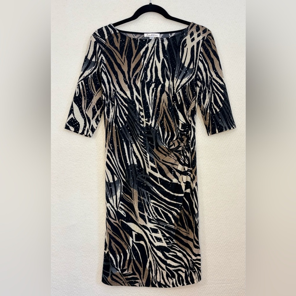 NWOT Tradition Zebra Print Dress in Black & Shades of Tan. Made in Canada 🍁